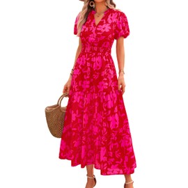MASCOMODA Summer Maxi Dresses for Women 2025 Casual V Neck Puff Short Sleeve Smocked Flowy Beach Boho Long Floral Dress(Red Big Floral,X-Large)