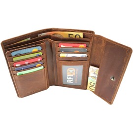 RFID Quality Full Grain Genuine Cow Hide Leather Purse. RFID Security Block Lining to Protect Your Paypass Card Details from Scan Theft. (Brown)