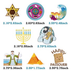 Kirako 8 Pcs Happy Passover Iron On Patches Cute Pesach Matzo Seder Plate Festive Sew On Repair Embroidered Applique Jewish Carnival Chag Sameach Celebration DIY Crafts Gift for Clothing Backpack Hat