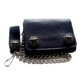 Biker Leather Wallet Leather Bad Skull Brass Colour Black with Chain and Loop, black, Skull modern