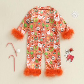 woshilaocai Baby Girl Button Down Romper Bow Strawberry Fuzzy Cuff Long Sleeve Jumpsuit Spring Summer Clothes (Candy Cane,6-12 Months)