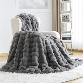 OMERAI Faux Fur Throw Blanket for Couch, Soft Fleece Blanket Twin, Thick and Warm Bubble Fuzzy Throw Blankets for Bed, Cozy Plush Reversible Throw Blanket, Luxury Decorative Grey Throw Blanket, 60x80