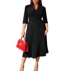 Ekaliy Midi Dresses for Women Casual Wrap Flared Pleated Dress A Line 3/4 Sleeve V Neck Church Cocktail Wedding Guest Dress Black
