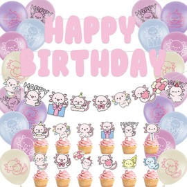 KARAQY Pink Axolotl Birthday Party Decorations, Axolotl Garland Axolotl Cupcake Toppers Balloons Happy Birthday Banner for Axolotl Birthday Party Supplies