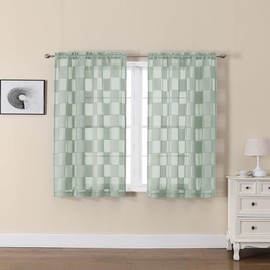 OVZME - Cortinas traslúcidas de color verde salvia, 45 pulgadas de largo, 2 paneles, clip a cuadros filtrado de luz, cortinas cortas con textura jacquard, bolsillo para barra, cortina de tratamiento