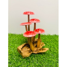 My Square Mile Wooden Mushroom Garden Ornament | Teak Wood For Indoor & Outdoor Use | Hand Carved Garden Sculpture (Red Tall 5 Mushroom)
