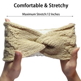 Winter Headbands for Women, KXAMELIE Beige Knotted Hair Band, Soft Crochet, Knitted Headwarp, Thick Fleece with Lined, Stretchy Turban Ear Warmers for Cold Weather Cap Gifts