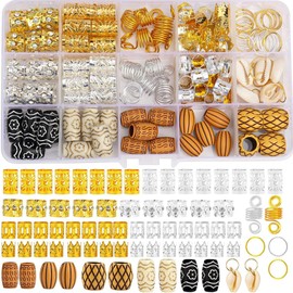 The Original Braid Tree Hair Jewellery and Accessories Set, 133 Pieces, Metal and Wood Hair Beads, Rings and Cuffs for Braids and Locs, Gold and Silver