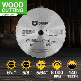 6-1/2 Inch Carbon Steel Circular Saw Blade for Wood, Plywood, Laminate, Drywall, Plastic – 140T Wood Cutting Disc with 5/8 Inch Arbor from GRAFF
