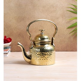 Two Moustaches 6.5 Inches Vintage Style Brass Kettle with Lid, Tea Pot for Serving Tea, Tea Pot for Home & Kitchen, Brass Pot Kettle, Home Decor Showpieces, Golden, Pack of 1