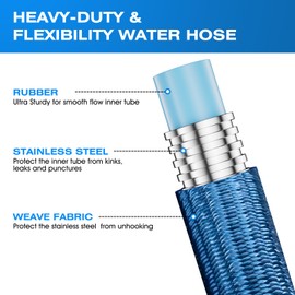 Garden Hose 75ft, Premium Woven Fabric Metal Stainless Steel Hose, Kink-free Flexible Water Hose, Puncture Proof Hose With Crush Resistant On/Off Valve Brass Fitting for Yard, Rv (Blue, 75 ft)