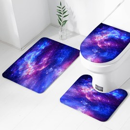 AAtter 4 Piece Galaxy Shower Curtain Set Space Universe Starry Sky Purple Blue 60Wx72L Curtains Decor with Non-Slip Rugs, Toilet Lid Cover and Bath Mat Bathroom Accessorie Home Bathtub Set, Anime