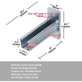 2 PCS 8-1/4" Slot Up Bracket for 1-5/8" Strut Channel, 2 Hole Single Channel Post Base, Accept 1/2" Bolt