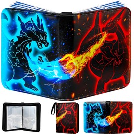 Card Binder 4 Pocket with 50 Removable Sleeves-Can Hold 400 Cards,3-Ring Zipper Sports Book (Blue Fire)