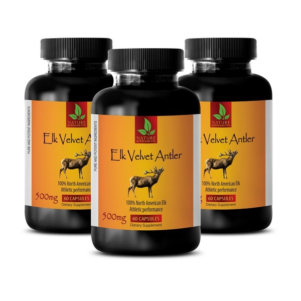 Elk Velvet Antler Extract Powder 500mg Muscle Energy (3 Bottles, 180 Capsules)