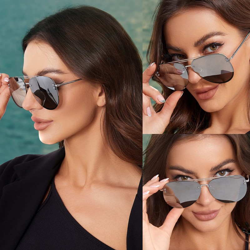 VIVIENFANG Premium Rimless Oversized Aviator Sunglasses for Women, Polarized PC