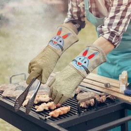 Alselo Grilling Gloves, Silicone Smoker Oven Gloves 1 Pair, Heat Resistant Oven Mitts,14" Grill BBQ Gloves, Non-Slip Silicone Internal Protective Cotton Layer, Waterproof (Khaki)