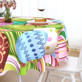 BZKIER Easter Tablecloth Round 60 inch Easter Eggs Cloth Easter Tablecloth Cover Washable Polyester Bunny Tablecloth Round for Kitchen Party Picnic Dining Decor