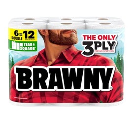 Brawny Tear-A-Square - Toallas de papel cuadradas de 3 capas, 6 rollos dobles = 12 rollos regulares, fuertes, absorbentes y duraderas con 3 tamaños de
