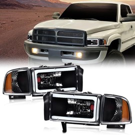 G-PLUS LED C Light Bar Headlights Assembly Fit Dodge Ram 1500 1994-2001/Fit Dodge Ram 2500 3500 1994-2002 Headlamps w/o Bulbs DRL Clear Lens Black Housing Amber Reflector,faros delanteros