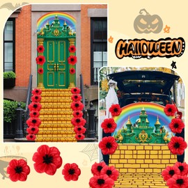 Panelee Green Castle Cover Door Banner Yellow Brick Floor Runner with Crepe Paper Red Poppy Flower Decor Backdrop Witch Princess Party Supplies Halloween Trunk Treat Decorations