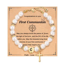 Initial First Communion Gifts for Daughter Catholic 1st First Holy Communion Decorations Goddaughter Rosary Beads Cross Bracelets, Christening Religious Easter Gifts Confirmation Jewelry-C