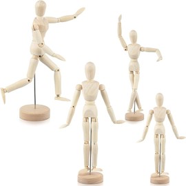 4Pcs Posable Wooden Mannequin Figure, 12"/8" Wooden Human Body Drawing Mannequin with Stand, Art Mannequin Figure Human Torso Body Model, Blockhead Jointed Mannequin for Sketching/Painting/Desk Decor