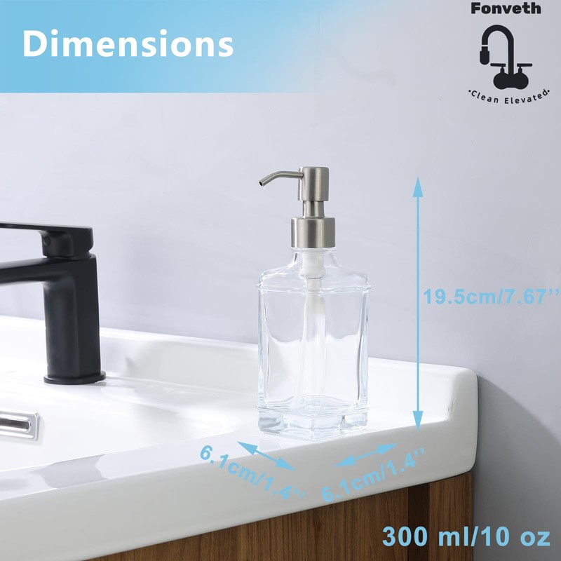 Fonveth Clear Glass Soap Dispenser with Brushed Nickel Pump, 10