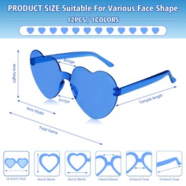 NACHLYNN 12 Pairs Blue Heart Sunglasses for Women Rimless Heart Shaped Sunglasses Candy Color Glasses for Party Favors