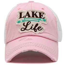 KBETHOS KBV-1428 PNK Vacation Beach Camping Womens Baseball Cap Distressed Vintage Unconstructed Embroidered Patch Hat (One Size, Pink Lake Life Ballcap)