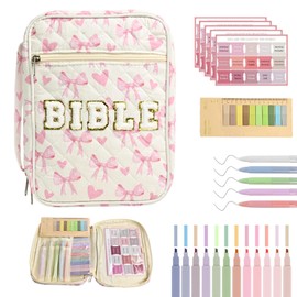 Bible Cover Case for Women Large Chenille Letter Bible Bag with Handle Quilted Bible Carrying Case for Girls Bible Study Supplies Accessories (Pink Bow)