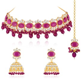 Aheli Purple Synthetic Stone Kundan & Beads Studded Necklace Jhumki Earrings Maangtikka Ethnic Jewellery Set Gift for Women