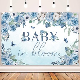MEHOFOND 7x5ft Baby in Bloom Backdrop Blue Floral Baby Shower Decorations Banner Watercolor Flower Butterfly Newborn Boys Party Photography Background Baby in Bloom Baby Shower Decor Photo Booth Props