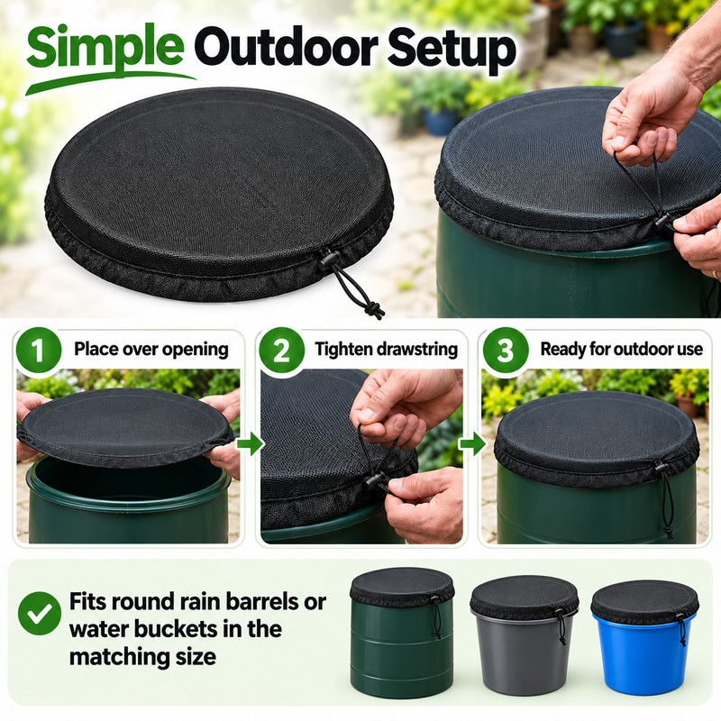 Drawstring Mesh Rain Barrel Cover for Outdoor Water Storage –