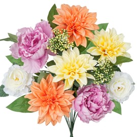 Silk Flowers with Stems for Home Decor - Artificial Purple Peonies and Dahlia Tubers Bouquet; 2 Stems 10 Branches Realistic Fake Flowers for Wedding Table Centerpiece Vase Decor & Sympathy Floral