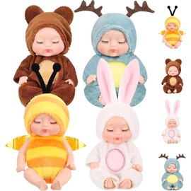 4 Pcs Mini Baby Dolls 4 Inch Gift Set, Cute Small Baby Doll Toys with Animal Clothes and Bunk Bed for Kids 3+ Year Old Gift (Style F)