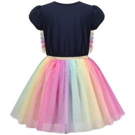 Girls' Dress Purple Short Sleeve Rainbow Tulle Skirt Birthday Party Size 98-122, Rainbow unicorn.