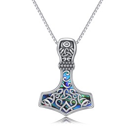 Mjolnir Hammer Necklace Sterling Silver Thor Hammer Pendant Necklace Nordic Viking Jewelry Gifts for Women-Abalone Shell