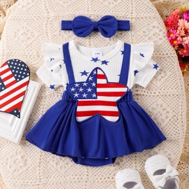 Kiluex Newborn Baby Girl 4th of July Outfits Ruffle Short Sleeve Star Embroidery Romper Dress Headband Summer Clothes (01Blue, 6-9 Months)