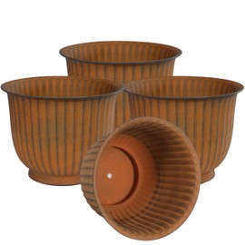 Sunnydaze Carlotta 14.75" Metal Outdoor Plant Pot Set with Drainage Holes and Rubber Plugs - Matte Brown - Set of 4