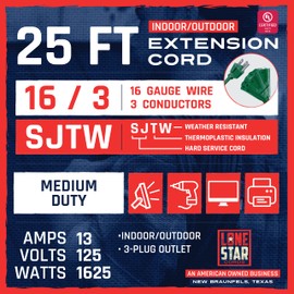 Lone Star 3 Outlet Outdoor Extension Cord 25 ft, 16/3 Weatherproof 25’ Green Extension Cord with Multiple Outlets 3 Prong, 13 AMP Heavy Duty Exterior Power Cable Multi Plugs for Landscaping & Lawn