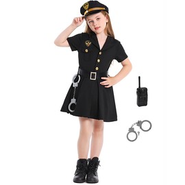 EVGVAT Dress Up Police Officer Costume Kids Cop Uniform for Girls (Black, 8-10Years)