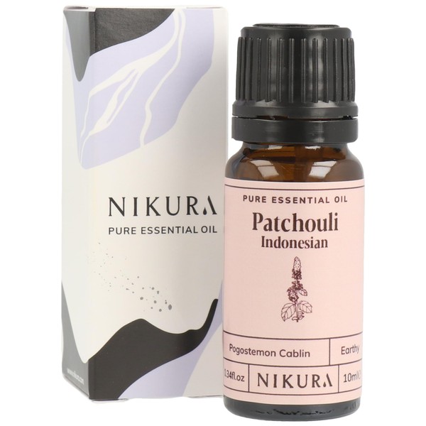 Nikura Patchouli (Indonesian) Essential Oil 10ml | 100% Pure Natural Oils | Perfect for Aromatherapy, Diffusers, Humidifier, Bath | Great for Self Care, Massage, Skin | Vegan & UK Made