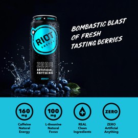 RIOT Clean Energy Drink – Berry | No Sucralose, No Sugar Added, No Artificial Flavors | 160mg Natural Caffeine + 100mg L-Theanine | Clean Focus, Stamina & Smooth Energy | 16 Fl Oz (Pack of 12)