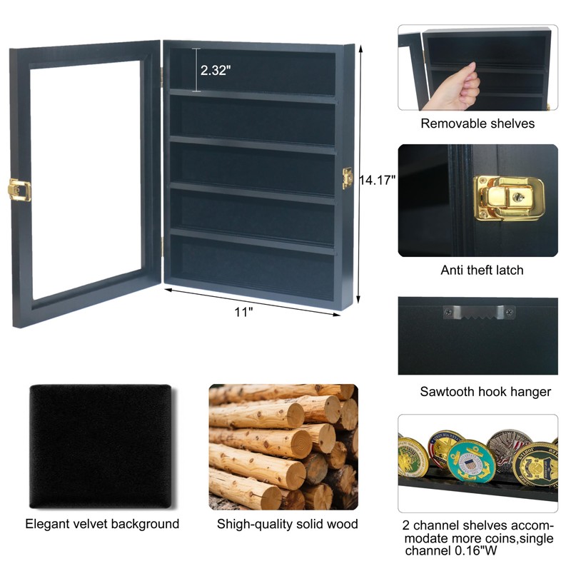 Military Challenge Coin Display Case with Medals Display 11x14IN Shadow