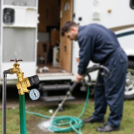 LANDNOR RV Water Pressure Regulator Valve With An Adjustable Knob, NO Tool Required, Brass Lead-Free Water Pressure Reducer with Gauge and Inlet Screen Filter for RV Camper Travel Trailer