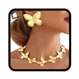 Nicute Butterfly Earrings Necklace Set Gold Cuban Link Choker Prom Party African Set for Women (Necklace and Earrings)