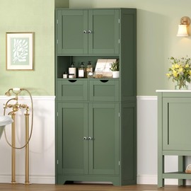 Iwell 58" H Tall Bathroom Storage Cabinet with 2 Drawers & 2 Adjustable Shelves, Bathroom Cabinet with 4 Doors, Tall Cabinet for Living Room, Dining Room, Entryway, Forest Green
