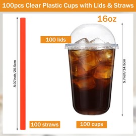Foxtell 100 Pack Clear Plastic Cups with Dome Lids and Colorful Straws, 16oz PET Disposable Cups, U-Shaped Bottom Cup for Iced Coffee, Juice, Milkshake, Bubble Tea & Party Supplies