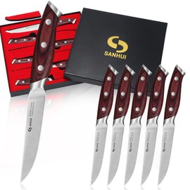 SANHUI Steak Knives Set of 6, Ultra Sharp 4.5 Inch Steak Knife Set, High Carbon Steel Kitchen Steak Knives with Ergonomic Pakka Wood Forged Handle